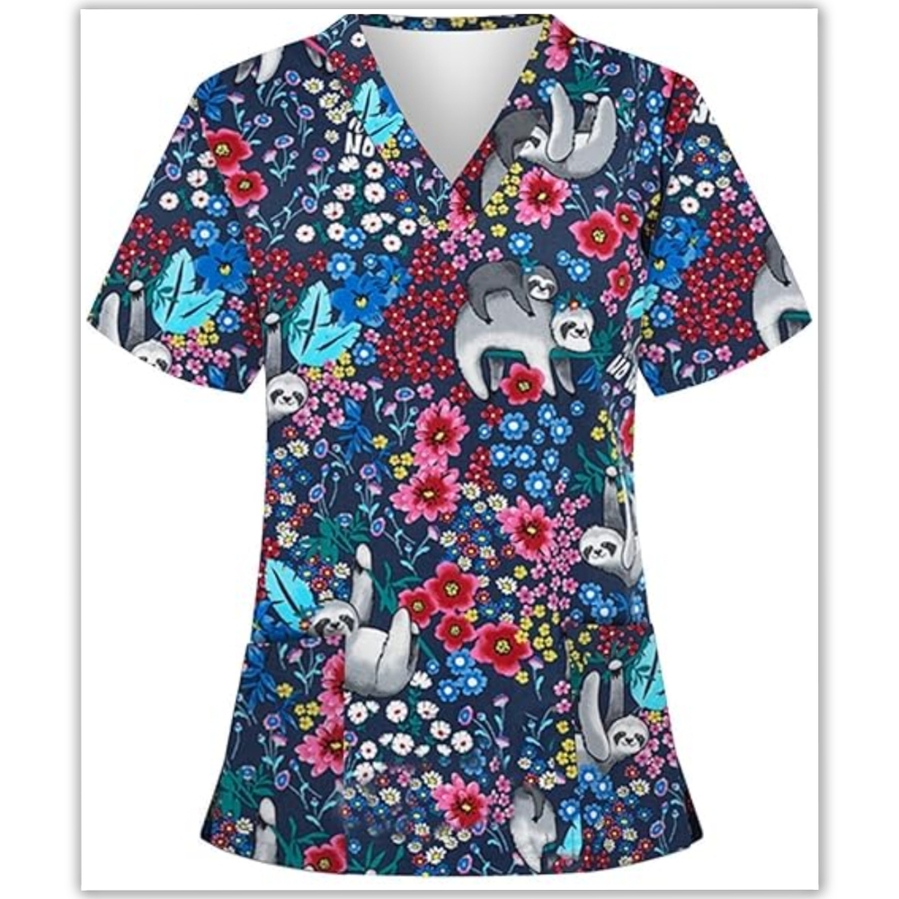Floral Sloth Print Scrub Top